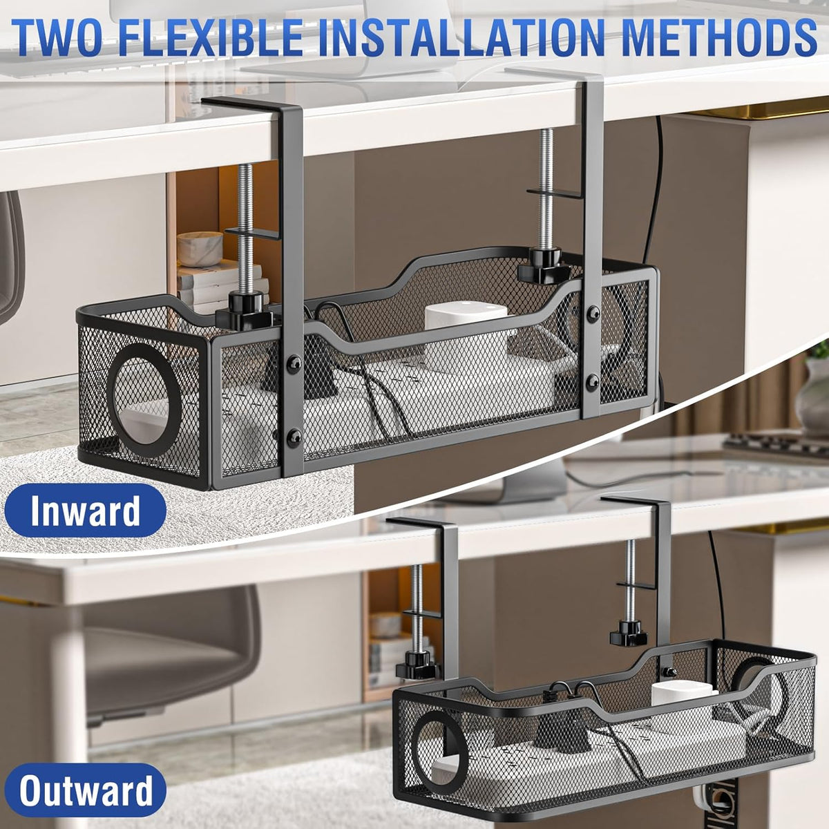 Under Desk Cable Management Tray - GZOKMOG No Drill Cord Organizer with Clamp, Workspace Organizers for Cords, Metal Mesh Wire Management for Home and Office, 2 Pack Black, 13.38 inch