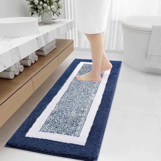 OLANLY Bathroom Rugs 47x20, Extra Soft and Absorbent Microfiber Bath Mat, Non-Slip, Machine Washable, Quick Dry Shaggy Bath Carpet, Suitable for Bathroom Floor, Tub, Shower (Runner, Navy)