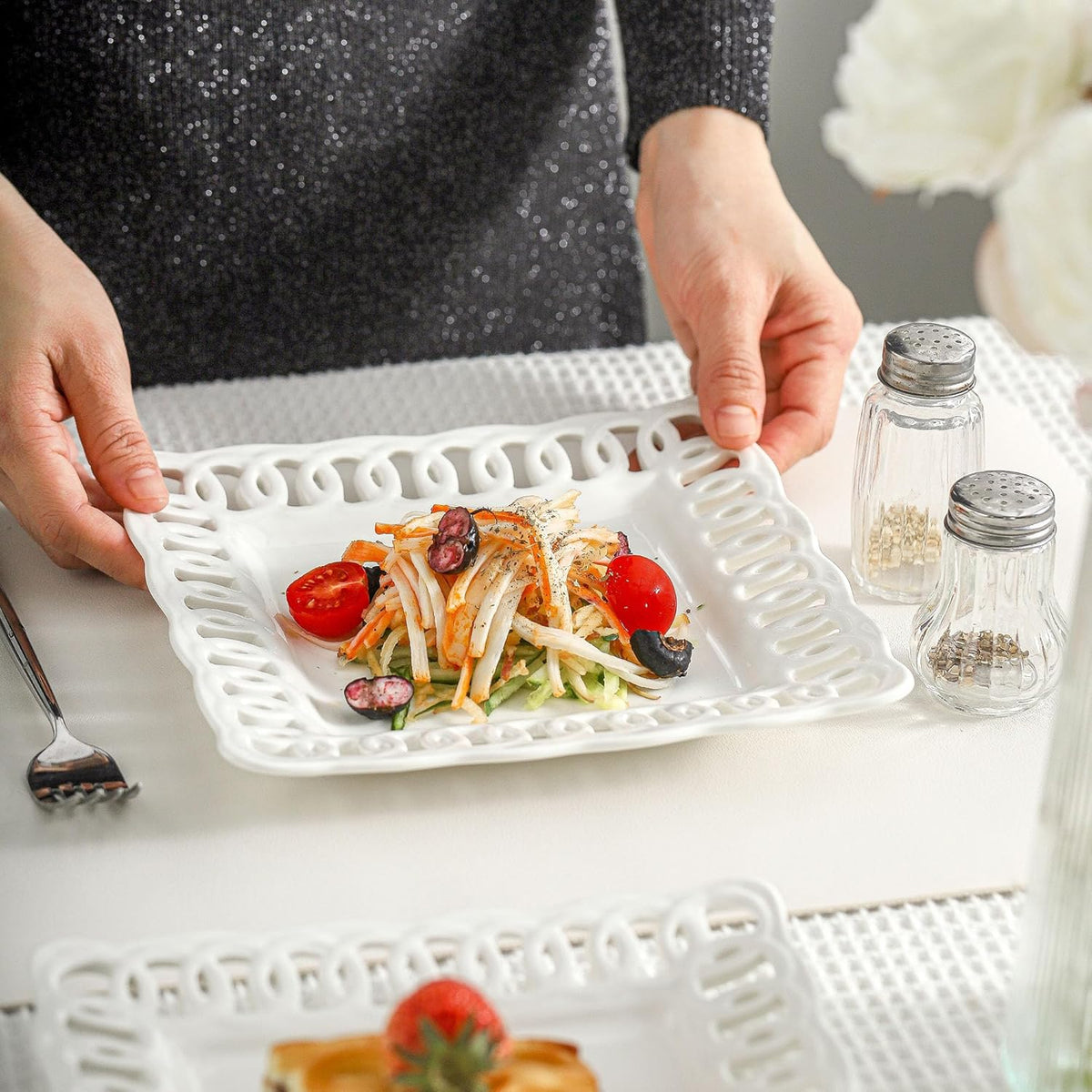 Square Appetizer Plate, Set of 4, 8 inch Ceramic White Dinner Plates with Lace Rim, Small for Cake Snacks Dessert Steak Bread Butter Canape Luncheon Side Dish at Home Hotel and Restaruant, Stackable