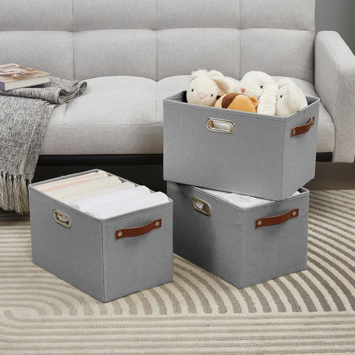 Large 3-Pack Foldable Fabric Storage Bins with Durable PU & Metal Handles, Collapsible Storage Baskets for Shelves, Home Storage, Closet Organizers, Living Room(14.9"x9.8"x9.8", Grey)