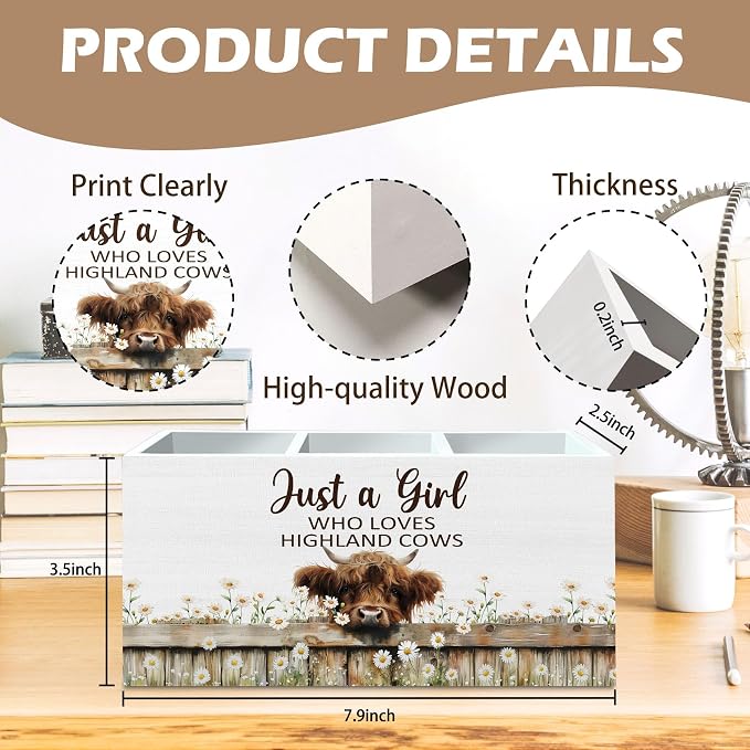 DILSJ Highland Cow Decor Pen Pencil Holder Organizer for Desk, Highland Cow Gifts for Women, Just a Girl Who Loves Cows Wooden Box Signs for Home Office Desk Tabletop Decoration