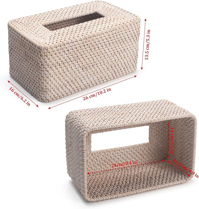 YANGQIHOME Rattan Tissue Box Cover, Rectangle Wicker Tissue Box Holder, Boho Facial Tissue Holder for Living Room, Bathroom, Kitchen, Bedroom, 10.2 x 6.2 x 5.3 inch, Whitewash