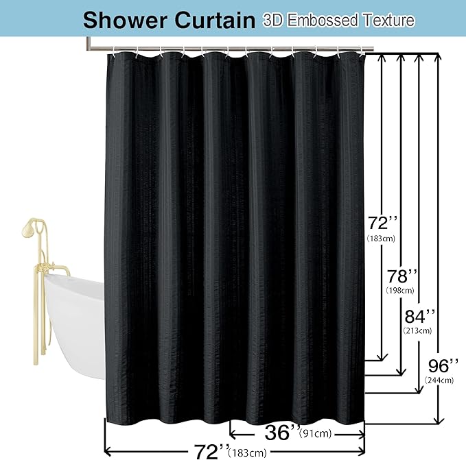 Aiyufeng Moga 3D Embossed Waterproof Fabric Shower Curtain - Hotel Quality Soft Black Shower Curtain Fabric, Light-Weight Cloth & Machine Washable - Standard Size 72x72, Black