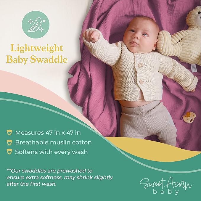 Sweet Acorn Muslin Swaddle Blanket – Soft Cotton Muslin Baby Blanket for Newborns, Infants, and Toddlers, All-Season Comfort Baby Essential - Blue, Teal, Grey
