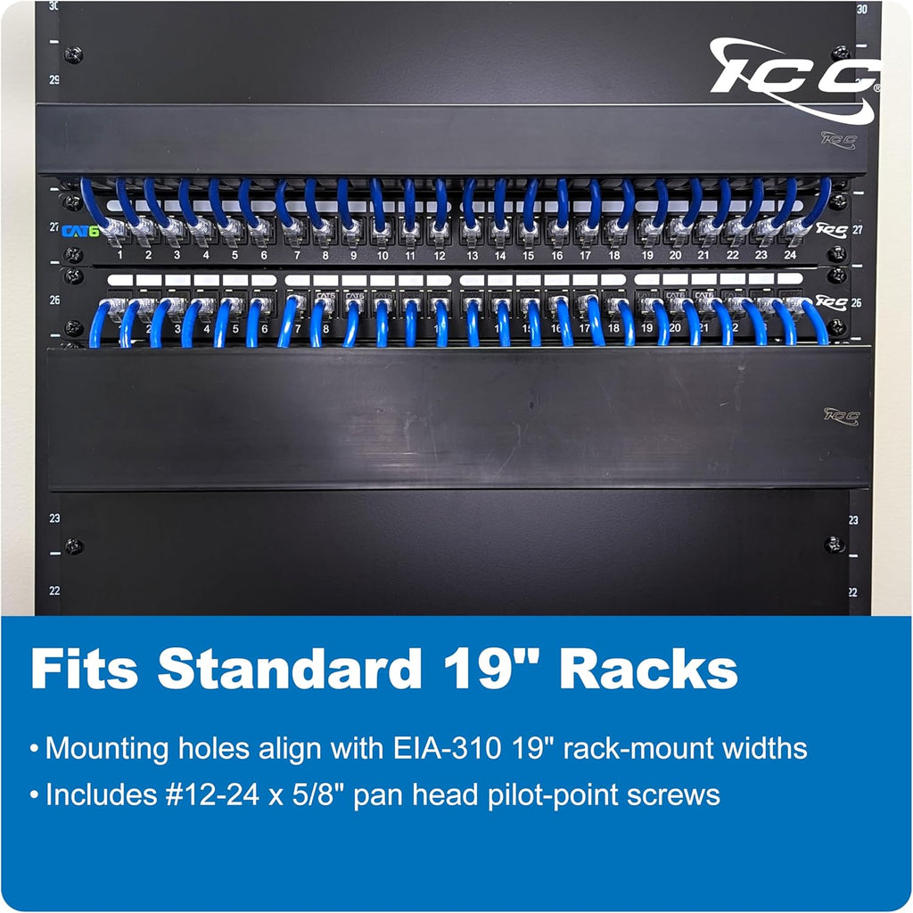 ICC 1U Finger Duct Cable Manager Panel with Cover, Plastic with Metal Back Frame, 5" Depth, Horizontal Cable Management, Rackmount for 19” Network Racks, Black, Single Pack