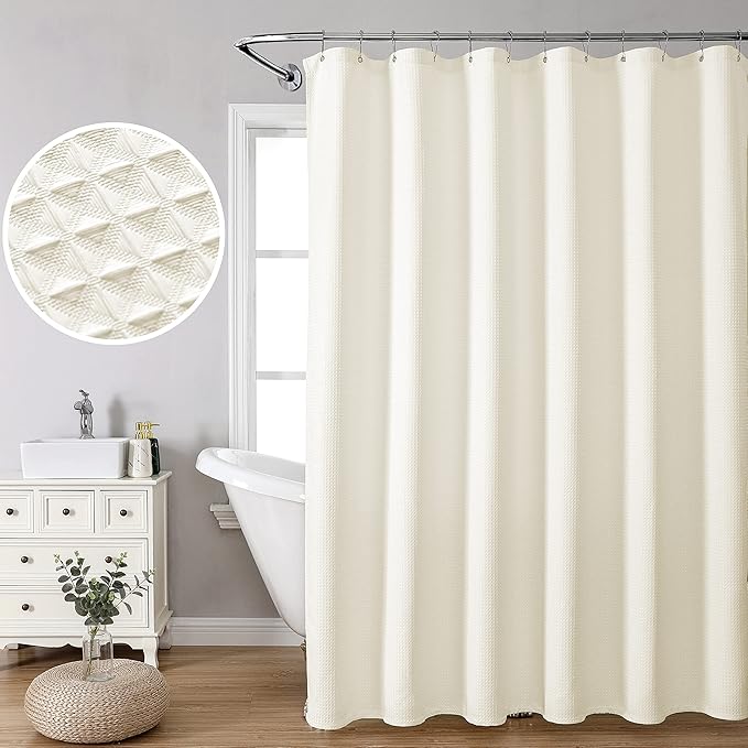 MISS SELECTEX Machine Washable Cloth Shower Curtain, Matt Waffle Durable Thick Cloth Shower Curtain for Bathroom,Premium Water Repellent Fabric Luxury Spa Hotel Shower Curtain(72Wx84H,Ecru/Beige)