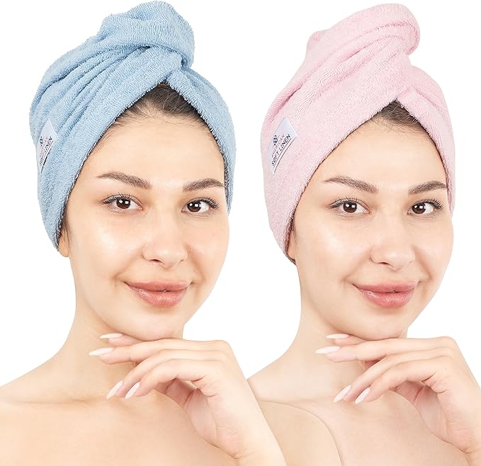 American Soft Linen 100% Cotton Hair Towels for Women, Head Towel Cap, Cotton Hair Turban Towel Wrap for Long Curly Anti Frizz Hair, Soft and Absorbent Cotton Hair Towels 2 Pack, Sky Blue-Pink