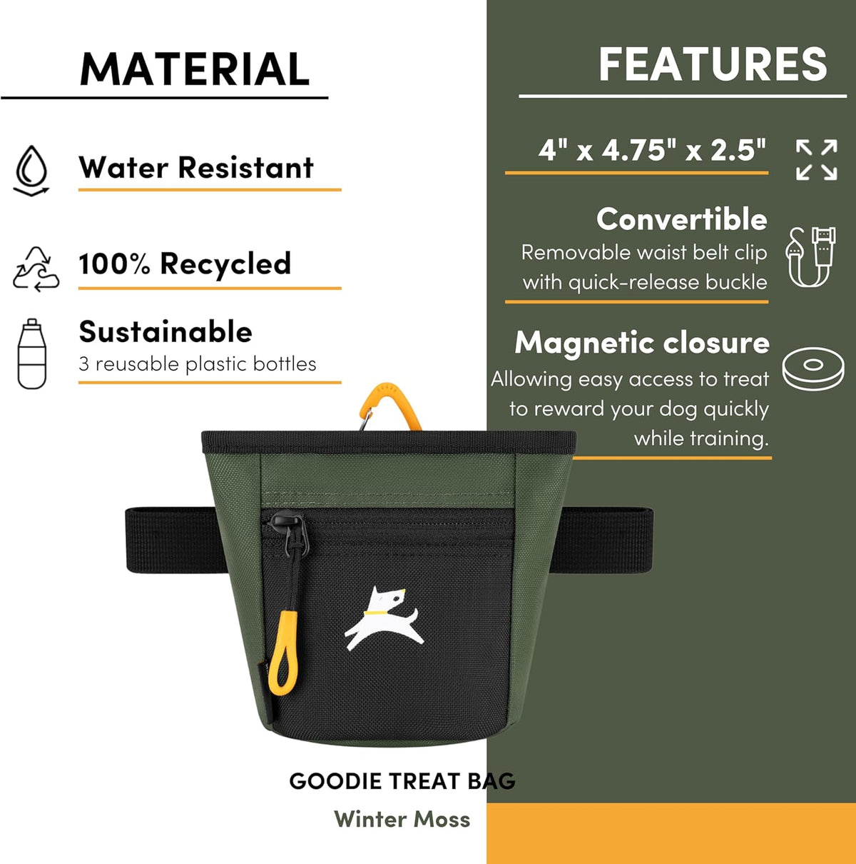 OllyDog Goodie Treat Bag, Dog Treat Pouch, Waist Belt Clip for Hands-Free Training, Magnetic Closure, Dog Training and Behavior Aids, Three Ways to Wear (Winter Moss)