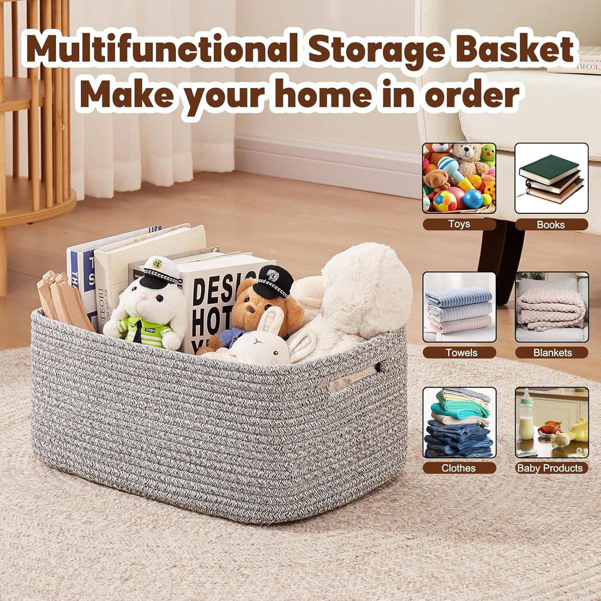 OIAHOMY Storage Basket for Shelves, Closet Cube Storage Bins Baskets for Clothes Blanket Towels, Baby Nursery, Toy Baskets Box, Woven Rope Basket, 15.75*11.81*7.09 IN, 2 Packs Grey