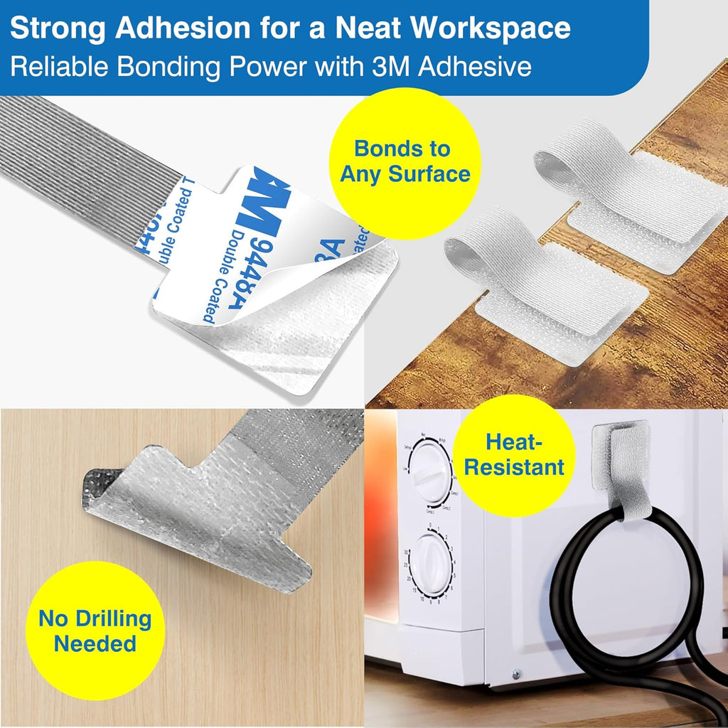 Cable Management Kit – 40 Self-Adhesive Hook and Loop Ties with 2 Extension Straps – Made with 3M Tape, Back-Sticky Cord Organizer for Under Desk, Wall, Home, Office – Adjustable Wire Holders