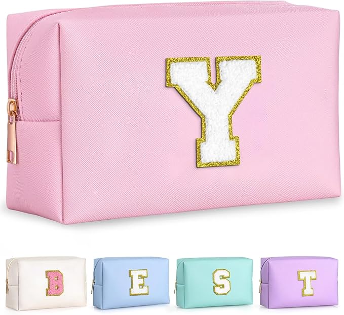 TOPEAST Preppy Makeup Bag, Small Cosmetic Travel Bags for Women, PU Leather Waterproof Toiletry Bag with Zipper, Personalized Birthday Gift for Women Girl, Preppy Gifts for Girl (Pink Y)