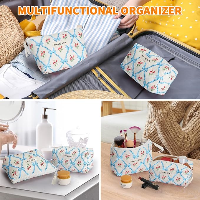 HAOGUAGUA 2 Pieces Makeup Bag, Small Large Quilted Cosmetic Bag, Travel Floral Make Up Toiletry Organizer Bag for Women Girls (2PCS STYLE A-3)