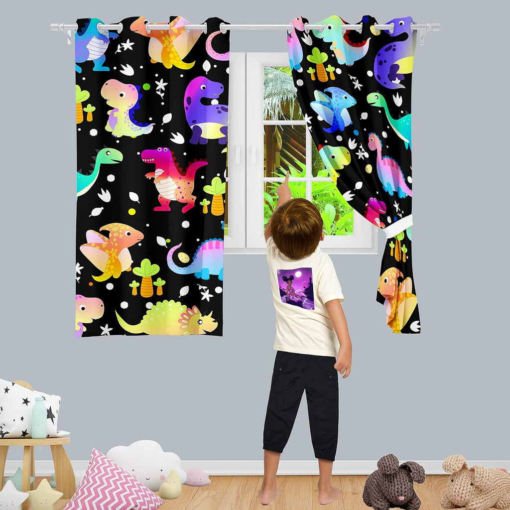 Dinosaur Curtains for Boys Bedroom, Cartoon Dinosaurs Blackout Curtains, Cute Dino Print Window Curtains Dinosaur Room Decor for Boys Kids Curtain Panels Set, 2 Panels, 82" x 63"