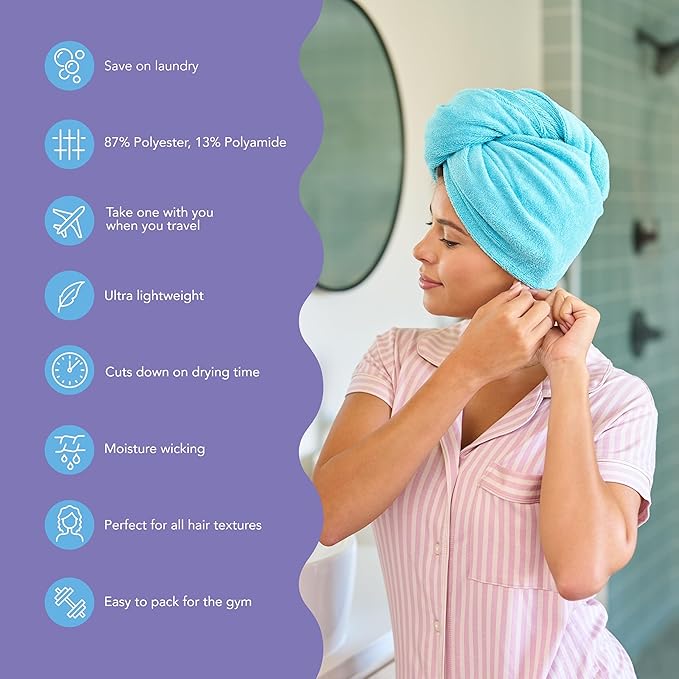 Turbie Twist 2-Pack Microfiber Hair Towel for Beauty, Travel, Gifting - Hair Wrap Turban for Straight, Wavy & Curly Hair - Premium Personal Care - Dark Aqua & Light Aqua