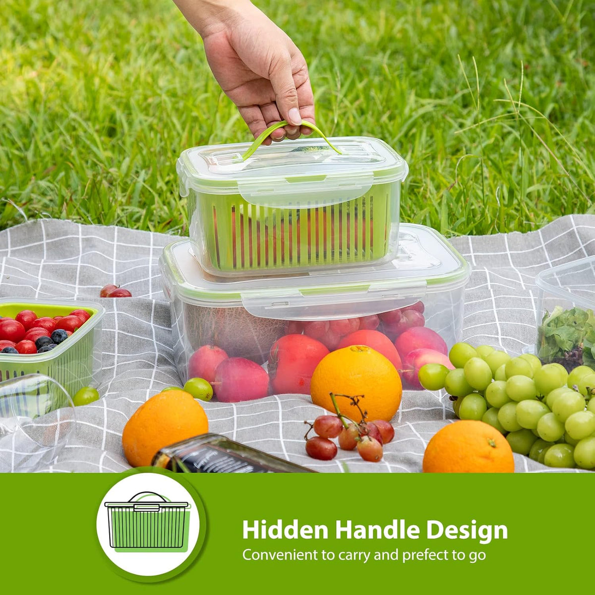 LUXEAR Fruit Vegetable Produce Storage Saver Containers with Lid & Colander 5 Packs BPA-Free Plastic Fresh Keeper Set | Refrigerator Fridge Organizer | for Salad Berry Lettuce Food Celery - Green