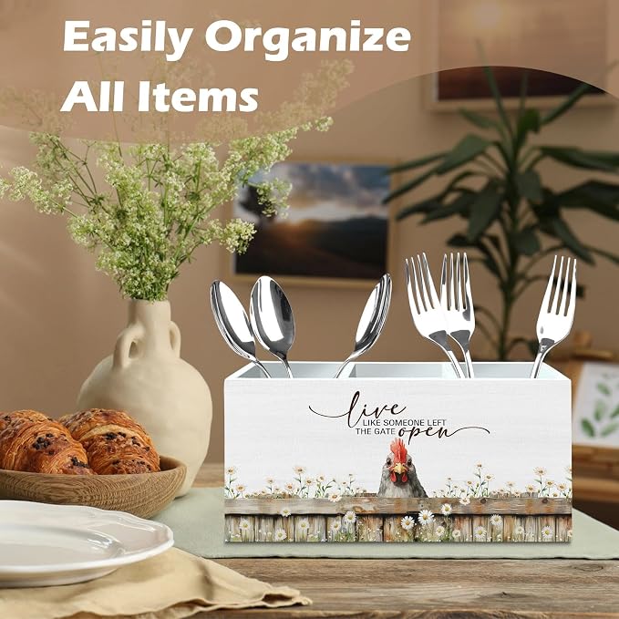 DILSJ Inspirational Chicken Pen Pencil Holder Organizer for Desk, Chicken Lovers Gifts for Women, Live Like Someone Left The Gate Open Wooden Box Signs for Home Office Desk Tabletop Decoration
