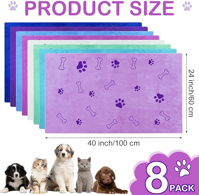 Chumia 8 Pcs Dog Towels for Drying Dogs Cats Pet Towels Bulk Puppy Microfiber Quick Drying Paw Bath Bathing Supplies Absorbent for Medium Pets(Classic Color,40 x 24 Inch)