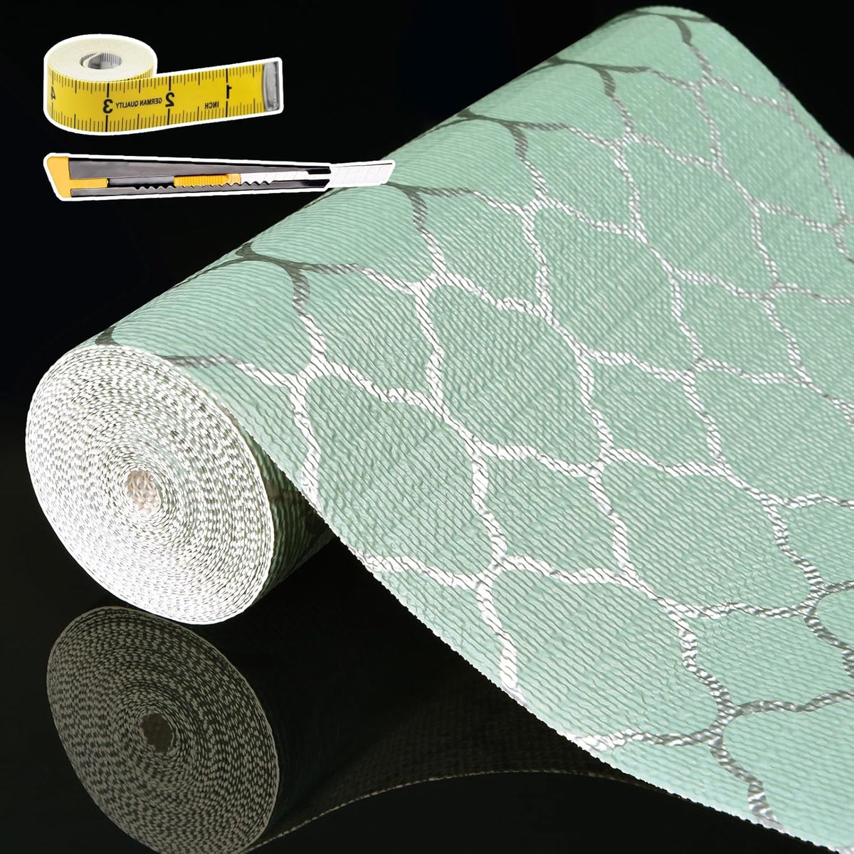 Shelf Liners for Kitchen Cabinets Non Adhesive Drawer Liner 12in x 20FT Light Green Quatrefoil Thickened Shelf Liner Strong Non-Slip Easy to Clean for Tool Box Refrigerator with Knife and Tape Measure