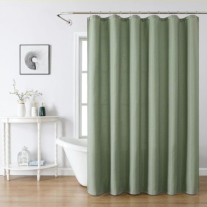 meioro Sage Green Shower Curtain, Waffle Weave 256GSM Heavy Duty Textured Fabric Shower Curtains for Bathroom Hotel Spa, Luxury Weighted Polyester Cloth Bath Curtain Set with 12 Hooks, 36Wx72H