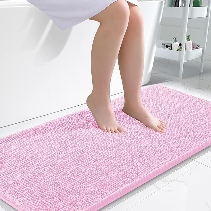 OLANLY Bathroom Rugs 47x24, Extra Soft Absorbent Chenille Bath Rugs, Rubber Backing Quick Dry, Machine Washable Bath Mats for Bathroom Floor, Tub and Shower, Home Decor Accessories, Pink