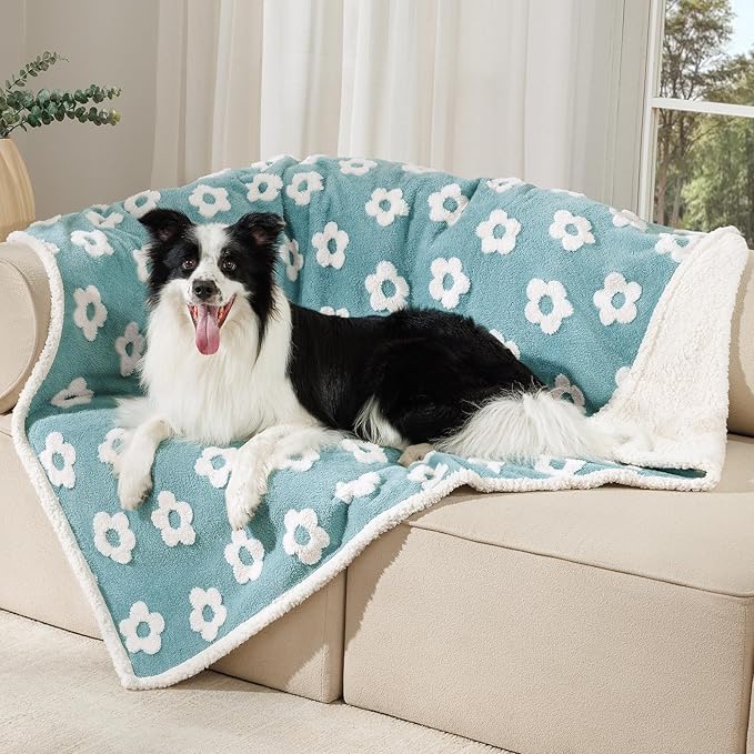 Luciphia Waterproof Pet Blanket for Medium Large Dogs Washable Fluffy Thick Jacquard Shag Fleece Warm Sherpa 3D Textured Flower Print for Cats Puppy Couch Protection (Blue,67x57 inches)