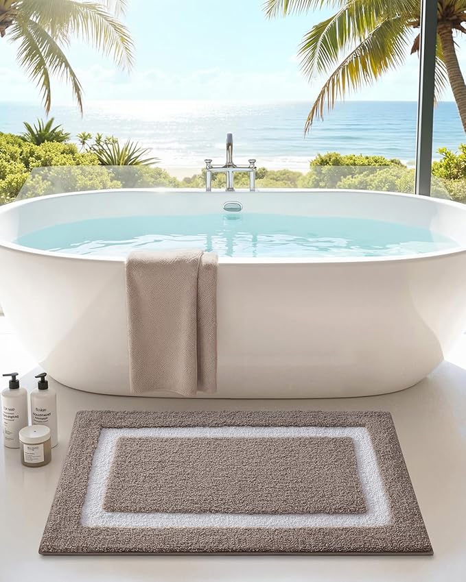 Color&Geometry Bathroom Rugs, Water Absorbent and Quick Dry Microfiber Bath Rugs-16"x24", Non-Slip, Machine Washable, Extra Soft Plush Bath Mats for Bathroom, Laundry Room, Dark Beige White