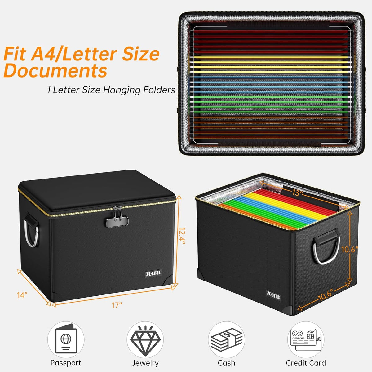 Fireproof Document Box,Hard Case File Organizer with Fireproof Zipper&Threads,Non-Foldable Filing Cabinet with Lock, Portable Office Safe Box Storage for Hanging Letter Folder,Valuables,Black