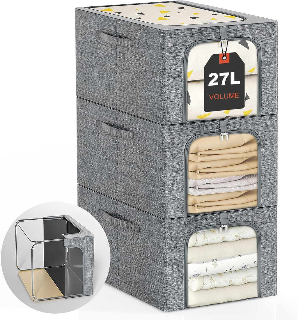 GoMaihe Clothes Storage Bins Metal Frame: 3-Pack Compact Stackable Closet Storage Bin with Lid & Clear Window, Space Saving Organizer for Sweaters Kids Clothes (Dorm/Closet 27L)