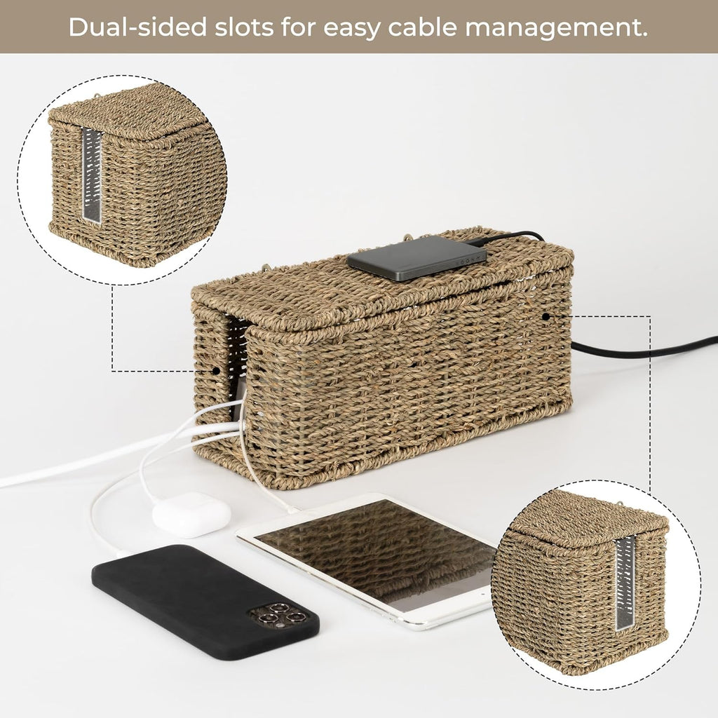 StorageWorks Cable Management Box, 2 Slots Wicker Cable Organizer to Hide Cords and Power Strip, Seagrass Cord Hider Box for Home & Office