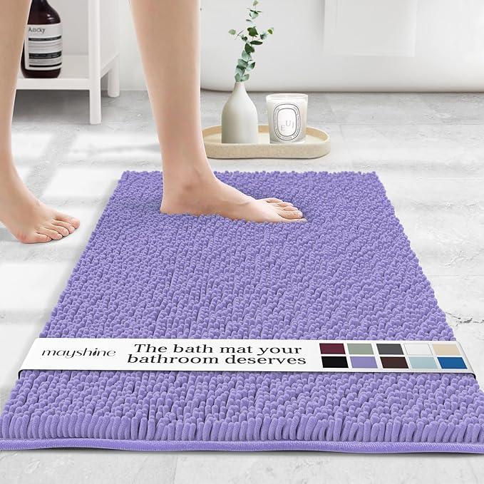 MAYSHINE Plush Shaggy Chenille Bath Mat | Extra Soft, Super Absorbent, Non-Slip Bathroom Rug | Fluffy Microfiber, Area Rug Sets for Bathroom Floor, Kitchen, Living Room | 32"x20" | Lavender