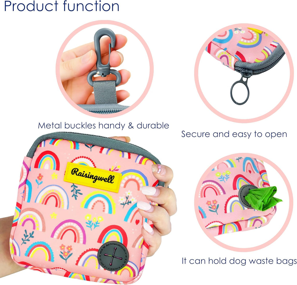 Dog Treat Pouch for Pet Walking and Training with Clicker Poop Bags Small Fanny Zipper Pack Holder for Puppy Snack Dispenser Kit for Leash and Outdoor Use (Rainbow)