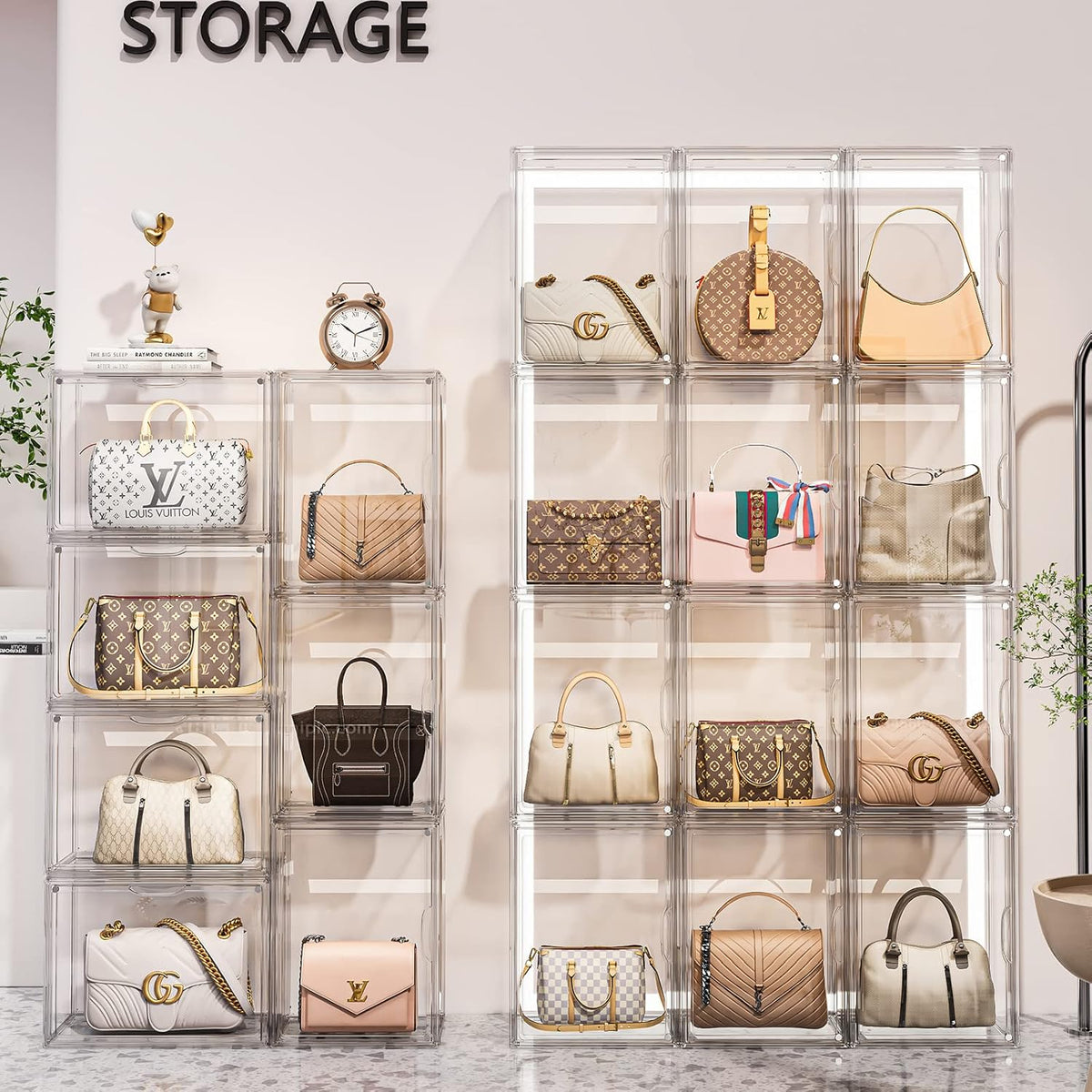 Clear Purse Organizer for Closet, 5 Pack Handbag Storage Organizer, Acrylic Display Case for Collectibles, Stackable Storage Bins with Magnetic Lids for Figure, Wallet, Clutch, Doll