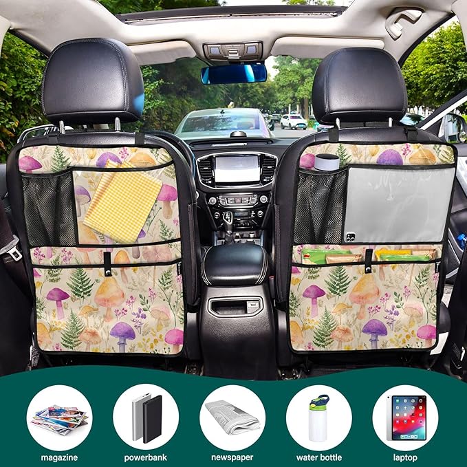 2 Pack Back Seat Car Organizer with Storage Pockets Kick Mats Back Seat Protector Hanging Car Organizer Automotive Seat Back Cover Organizers Mushroom Colorful Pattern