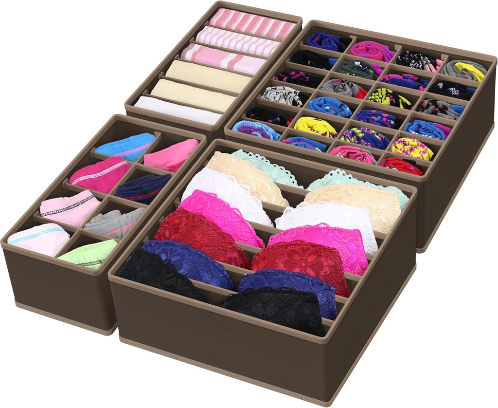 Simple Houseware 4-Pack Drawer Organizer Set - Closet Dividers for Underwear, Socks, Bras, Scarves, Ties - Foldable Non-Woven Storage Boxes, Brown
