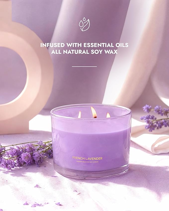 96NORTH Luxury Lavender Soy Candle | Large 3 Wick Jar Candle | Up to 50 Hours Burning Time | 100% Natural Soy Wax | Relaxing Aromatherapy Aesthetic Candle | Housewarming Gift for Women and Men