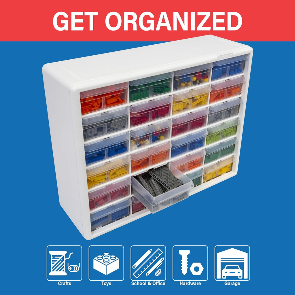 Akro-Mils 24-Drawer Plastic Drawer Storage Cabinet for Garage Organization, Bead Organizer, Building Bricks Storage, Teacher Toolbox, Makeup Organizer, 20" W x 6" D x 16" H, 10124 White