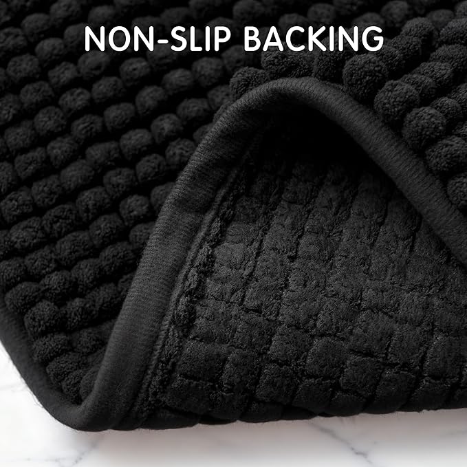 SUBRTEX Bathroom Rugs, 20" x 32" Chenille Bath Rug Soft Short Plush Bath Mat Soft Shower Mat Water Absorbent Shower Mat Quick Dry Machine Washable, Black