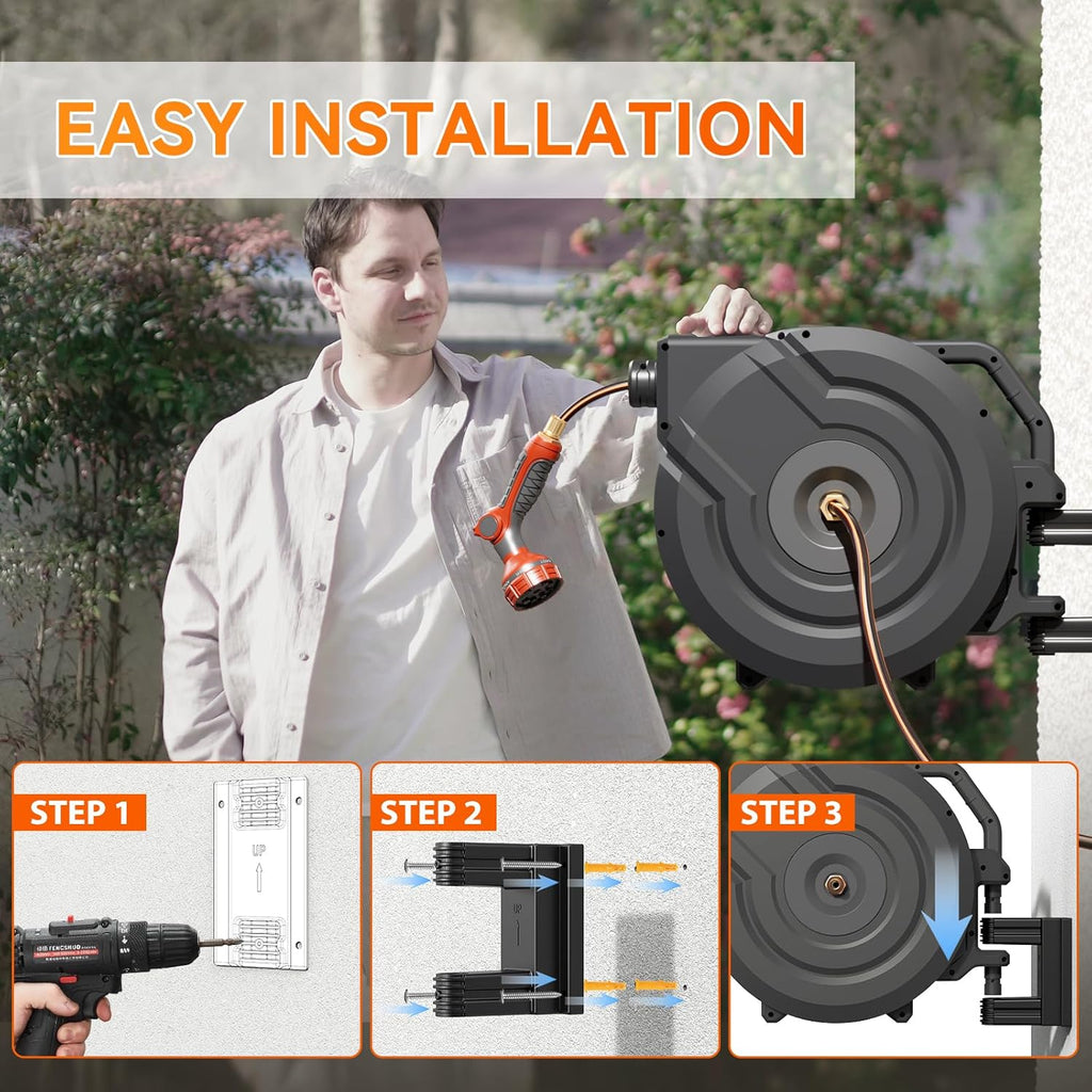 NEOTEC Retractable Garden Hose Reel 1/2 inch x 130ft - Wall Mounted Heavy Duty Hose Reel with 3/4 Inch Brass Fittings & 9-Pattern Nozzle - Auto Rewind System, Any Length Lock, 180° Swivel Bracket