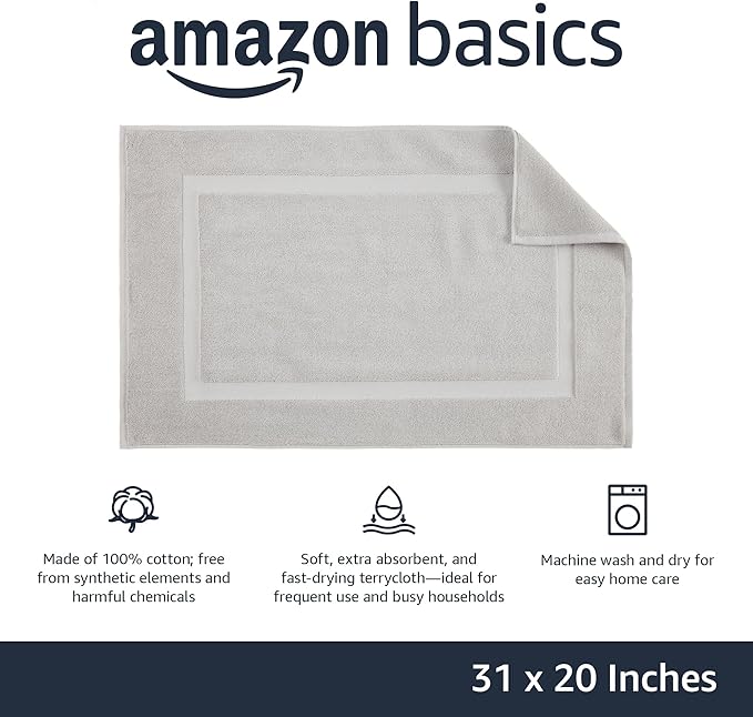 Amazon Basics Banded Bathroom Bath Rug Mat, Soft Silver, 31 inches L x 20 inches W