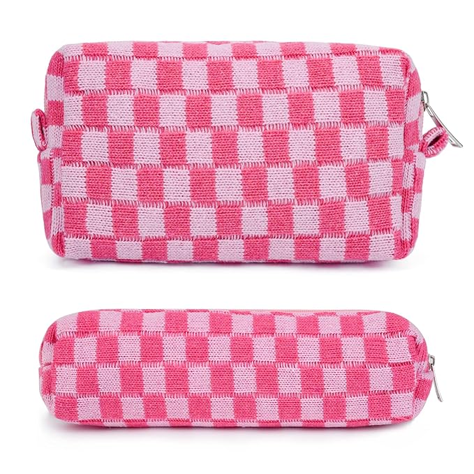 SOIDRAM Checkered Cosmetic Bag and Makeup Brush Storage Bag - Pink Travel Toiletry Organizer