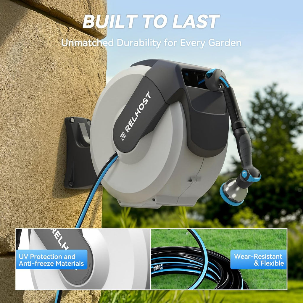 Retractable Garden Hose Reel 65 ft x 1/2 in, Heavy Duty Hose Reel Wall Mount with Any Length Lock, Auto Rewind System, 180° Swivel Bracket, 10-Pattern Garden Hose Nozzle, White & Grey