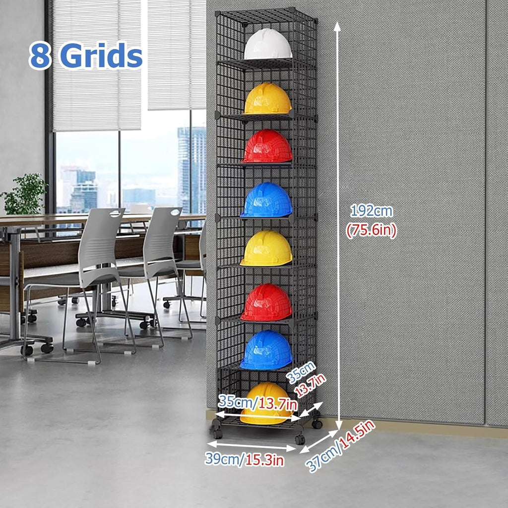 Stackable Safety Helmet Storage Boxes, Large Adjustable Hard Hat Placement Organizer Rack,with Wheels,for Construction Site/Garage/Workshop/Factory Helmet Display Shelf (Black, 8 Grids-1 * 8)