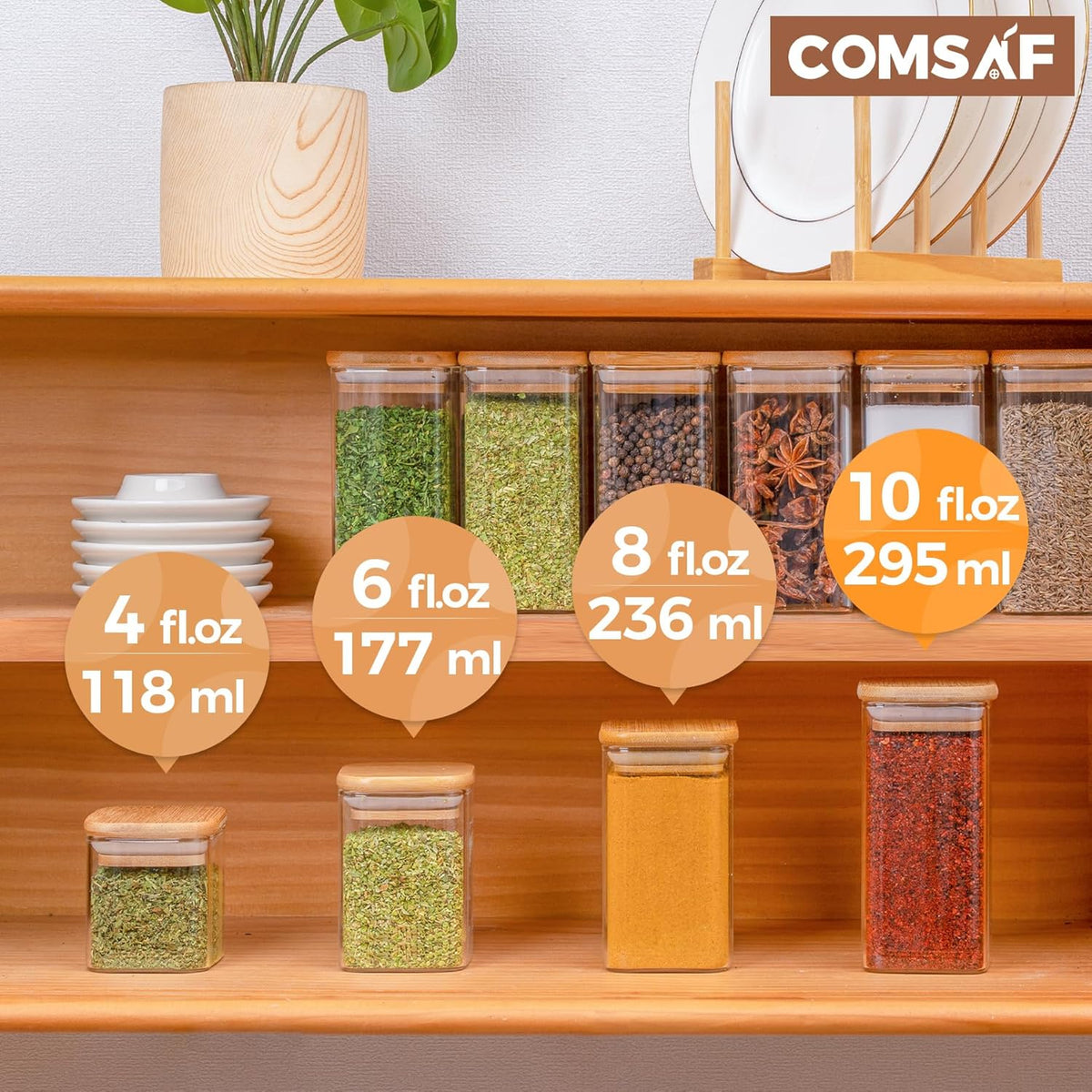 ComSaf 12Pcs Glass Spice Jars with Bamboo Lid, 10oz Airtight Square Containers with 275 Black Lables, Empty Seasoning Jars for Spice Salt Sugar