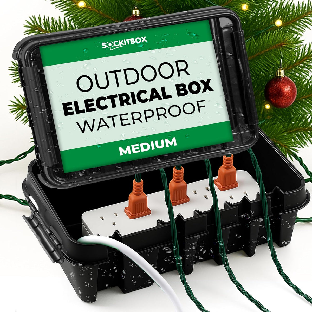 SockitBox – The Original Weatherproof Connection Box – Indoor & Outdoor Electrical Power Cord Enclosure for Timers, Extension Cables, Transformers, Power Strips, Lights, Tools & More – Medium – Black