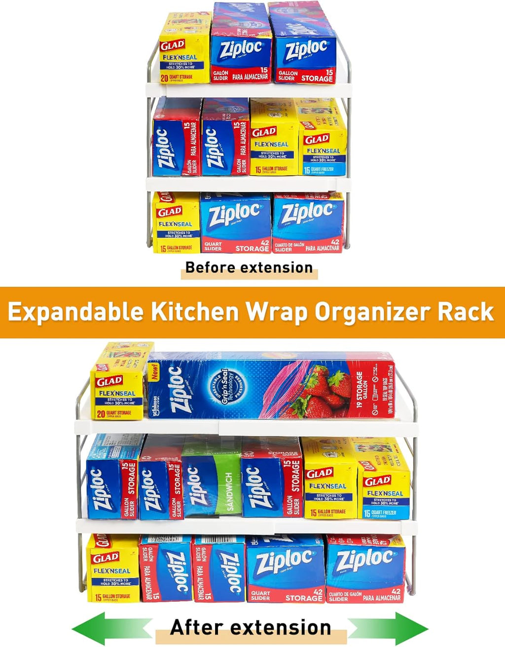 2 Pack Pantry Organization and Storage, Expandable Foil and Plastic Wrap Organizer, Adjustable Kitchen Wrap Organizer Rack for Cabinet, Foil Saran Wrap Holder Shelf for Sandwich Plastic Bags Box,