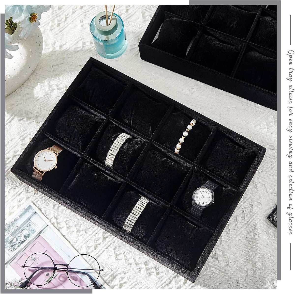 Henoyso 2 Pieces 12 Grid Velvet Watch Tray Jewelry Organizer Stackable Watch Bracelet Bangle Display Holder Adjustable Pillow(Black)