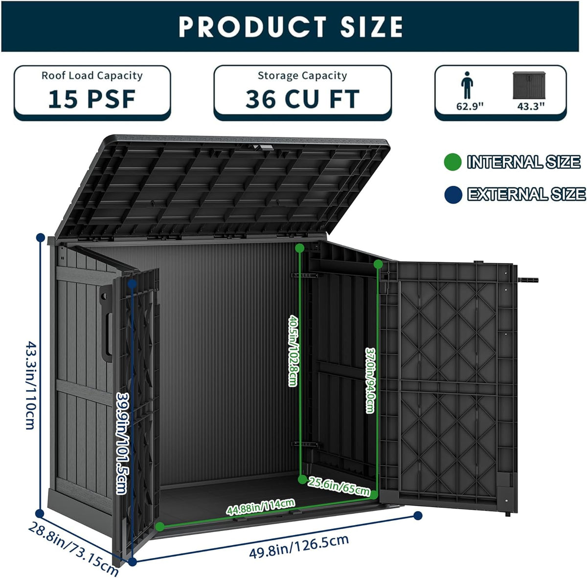 Outdoor Storage Shed 36 Cu. Ft. Resin Garden Horizontal Storage Extra Large Capacity Weather Resistant Storage Box, Lockable Resin Waterproof Shed, Black