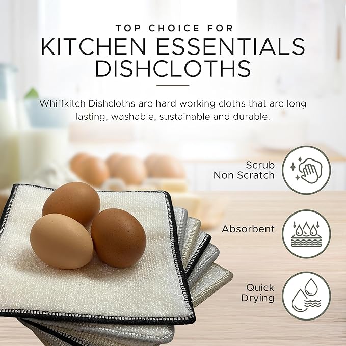 Whiffkitch Dishcloths Dishrags for Kitchen and Household Cleaning 6x7 6-Pack Non-Scratch 2-Ply Weave, Rayon Derived from Bamboo, Absorbent, Washable, Long-Lasting