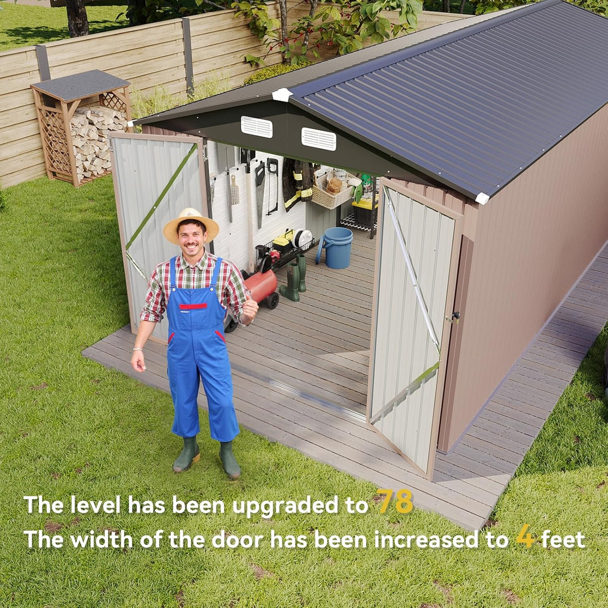 Aoxun 8x12 FT Outdoor Storage Shed Large Shed Steel Utility Tool Shed Storage House with Door & Lock, Metal Sheds with Sloped Roof for Garden Patio Lawn Poolside, Brown