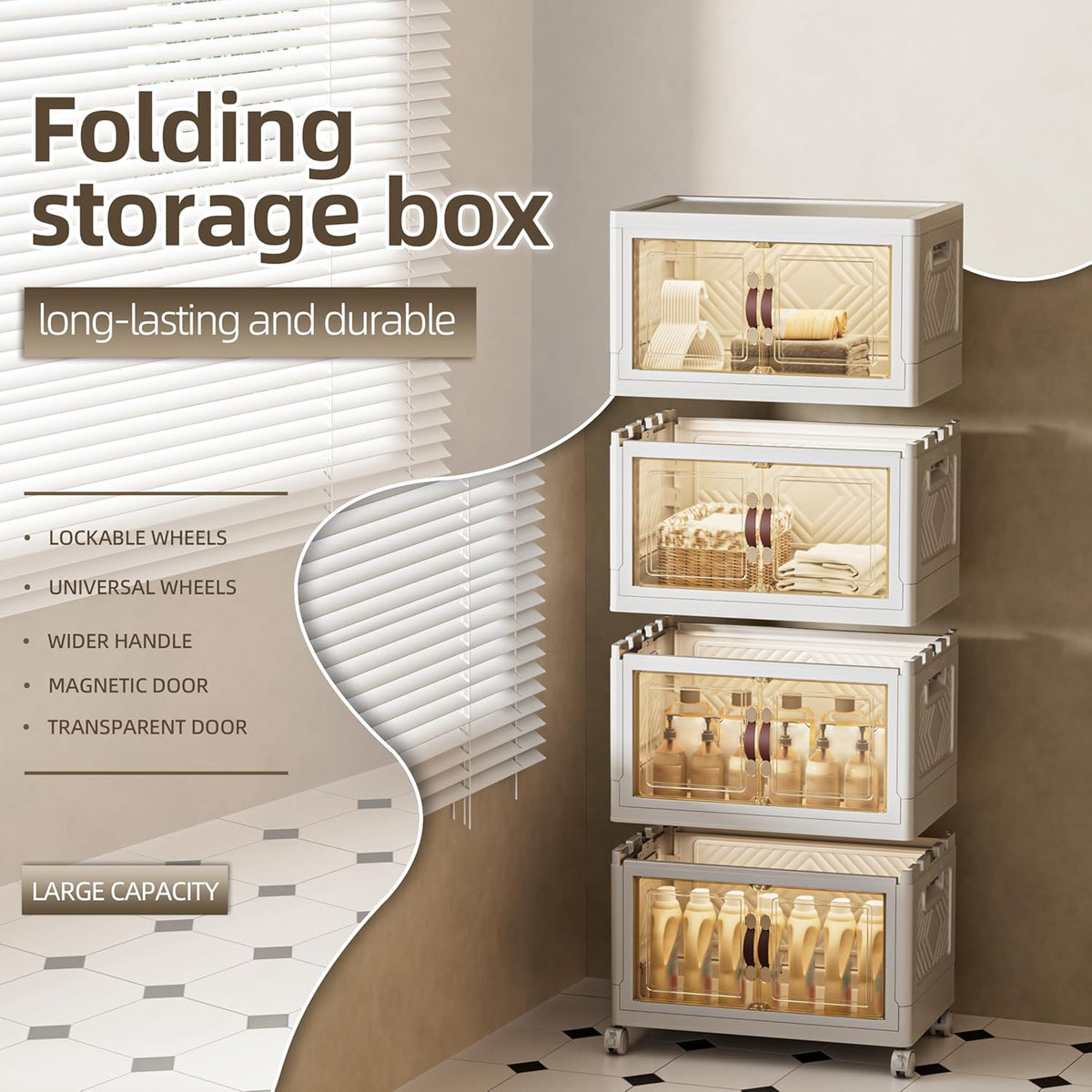 144 QT / 36 Gal Stackable Storage Bins (1 Lid) w/Wheels & Magnetic Doors, Collapsible Plastic Organizer Cabinet for Closet Office Garage - White Storage Containers